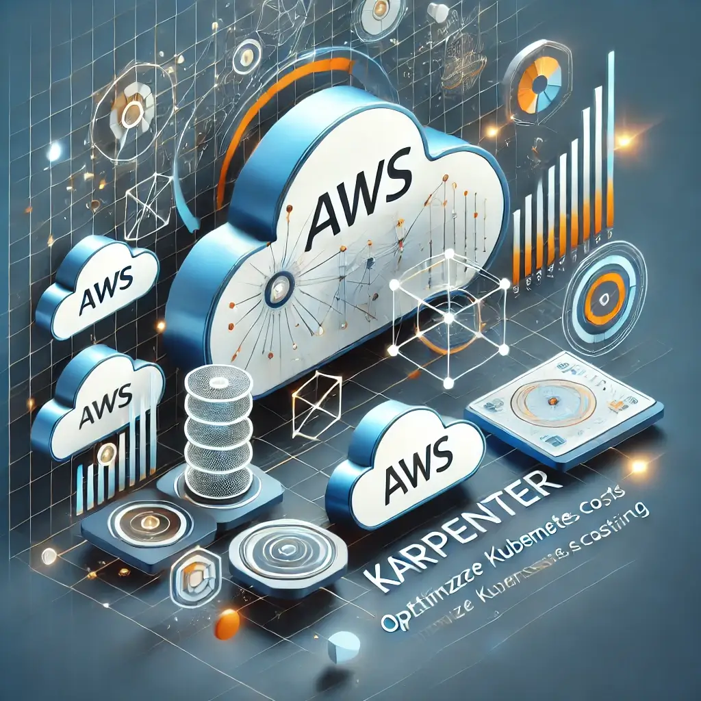 Modern featured image illustrating Karpenter AWS and Kubernetes cost optimization with cloud elements, Kubernetes nodes, and digital charts.