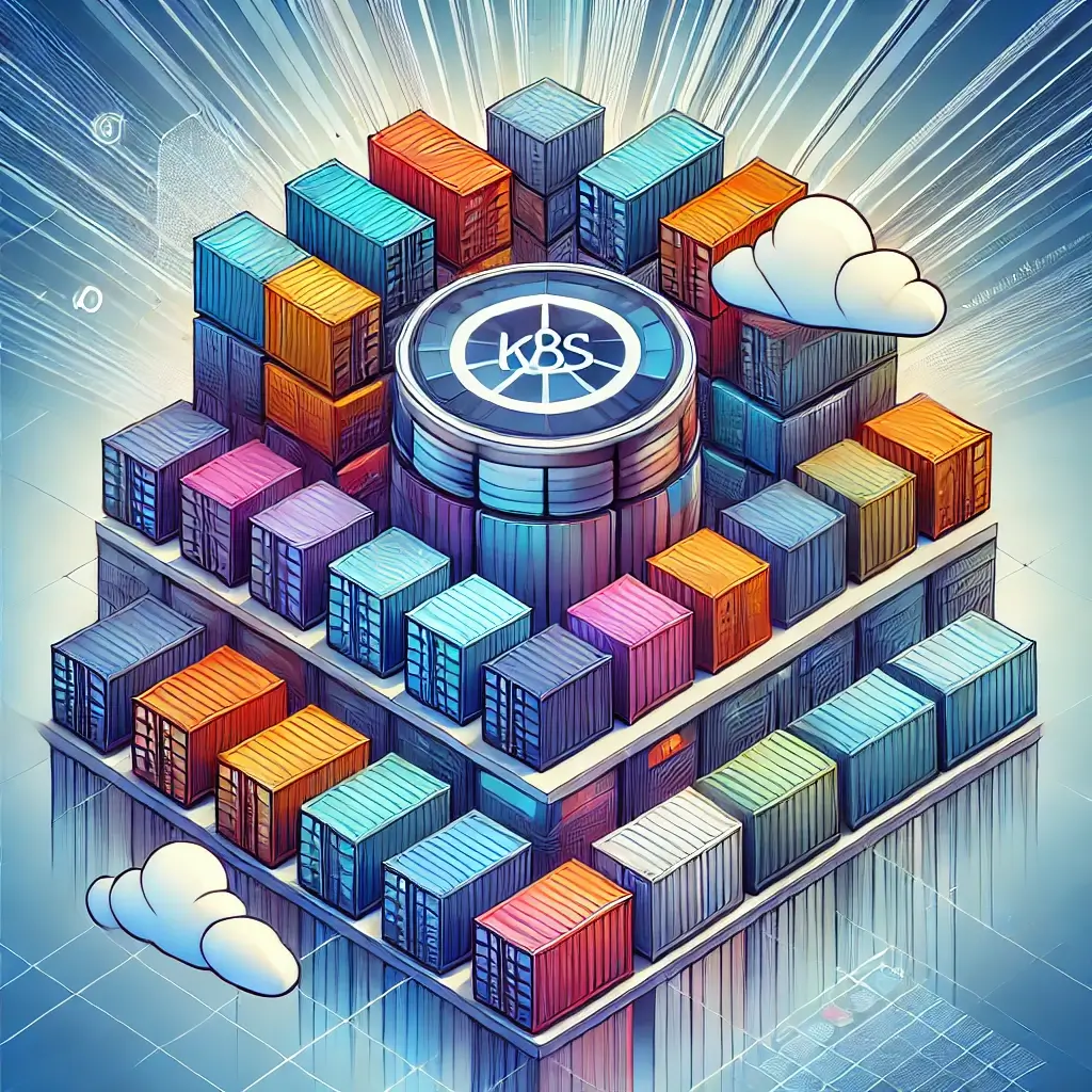 Illustration of Kubernetes workloads represented by colorful containers in a tech-inspired design, centered around a bold K8s logo, emphasizing container orchestration and scalability.