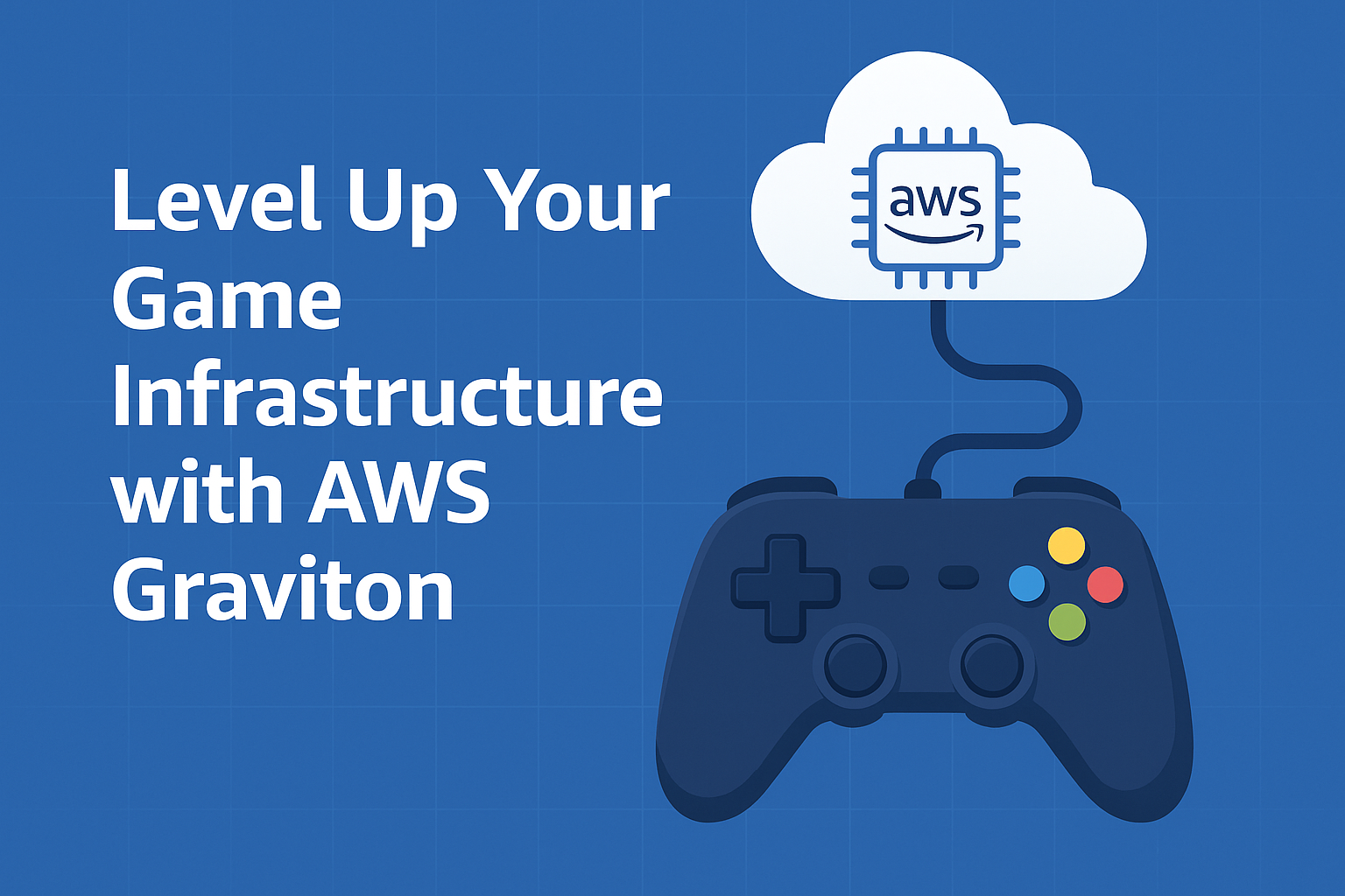 Illustration of a game controller connected to a cloud symbol with an AWS chip icon, representing AWS Graviton powering gaming workloads